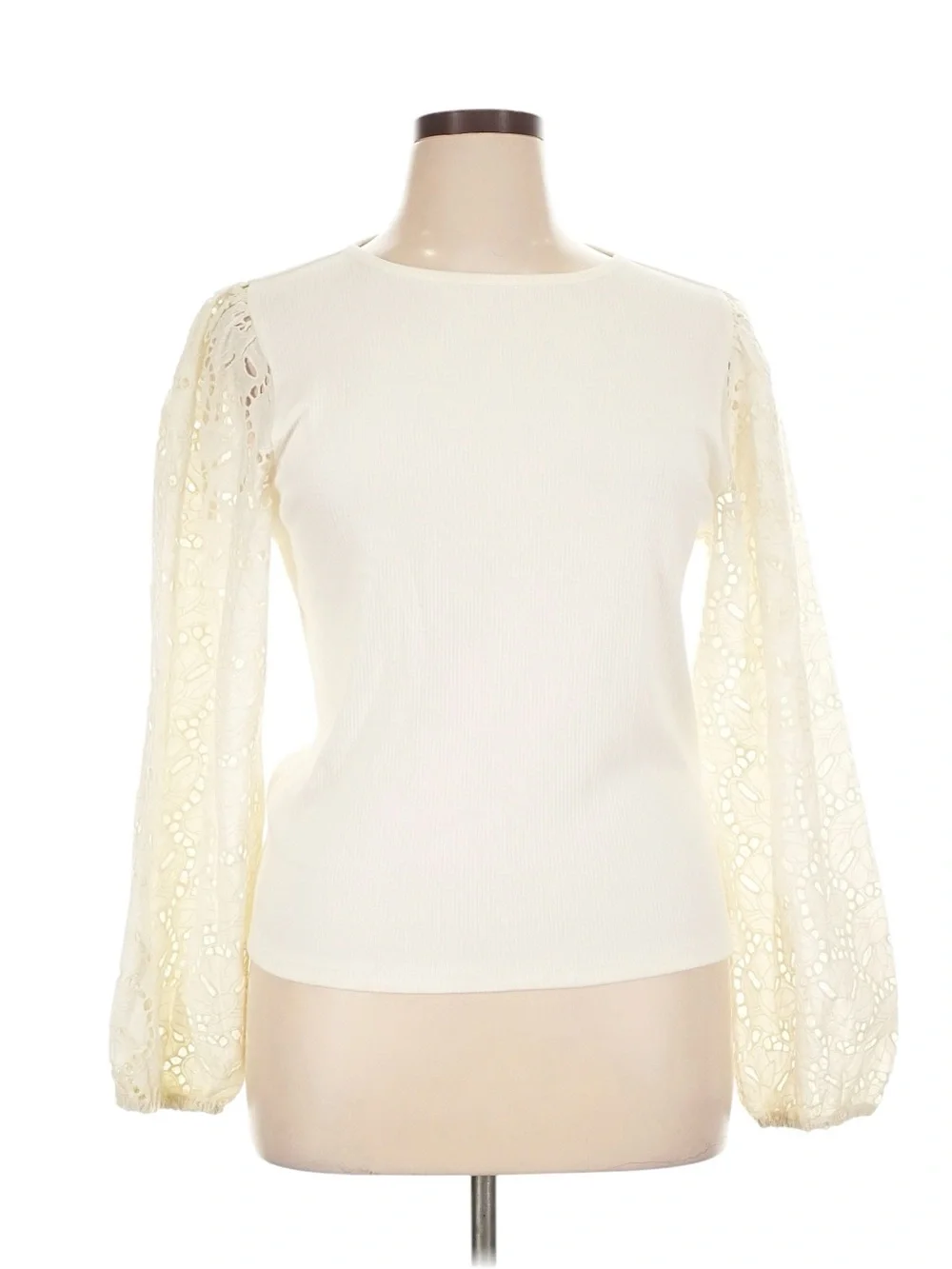 J. Crew Vintage Rib Top with Cotton Poplin Eyelet Sleeve XL Cream Office NWT